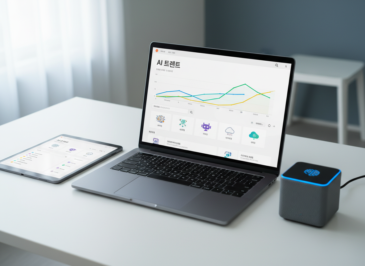 A sleek, modern laptop with a deep gray metal finish sits open on a spotless white desk, its screen displaying a vibrant, minimalist dashboard of AI trend keywords in Korean: clean graphs, colorful icons of neural networks, and search bars. Around the laptop, a slim tablet and a small cube-shaped smart speaker echo the theme of everyday AI tools. Soft daylight from a large unseen window washes the scene in neutral tones, creating gentle reflections on the laptop’s surface. Photographic realism, eye-level composition with a slight angle, shallow depth of field that subtly blurs the background into cool grays and blues, conveying a professional, focused, beginner-friendly atmosphere for an AI trends blog.